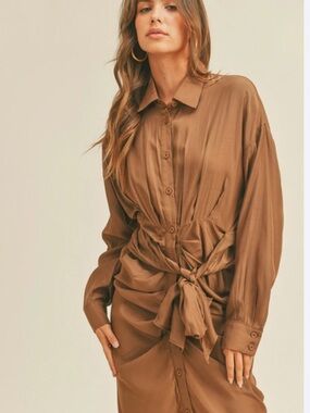Silky Brown Button-Front Shirt Dress with Front Tie